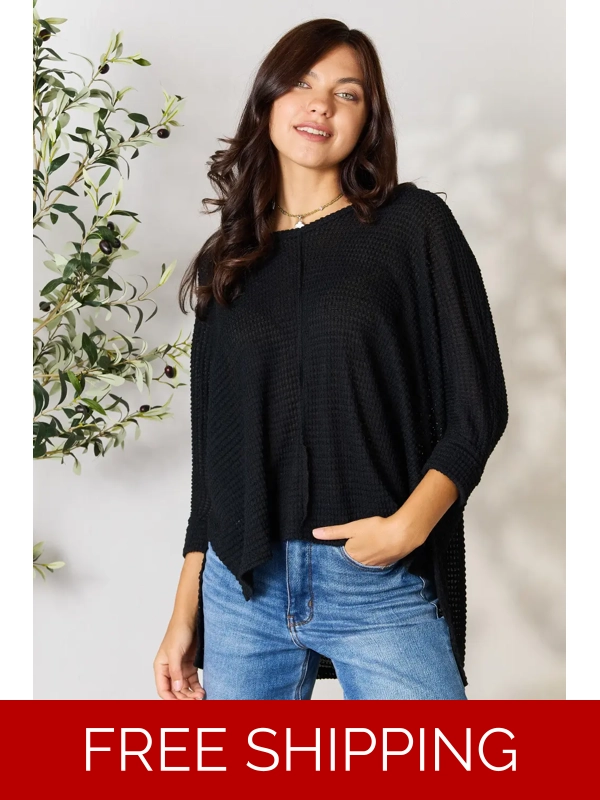 Zenana Full Size Round Neck High-Low Slit Knit Top